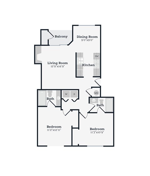 Floor plan for 2 beds, 2 baths, 940 sqft